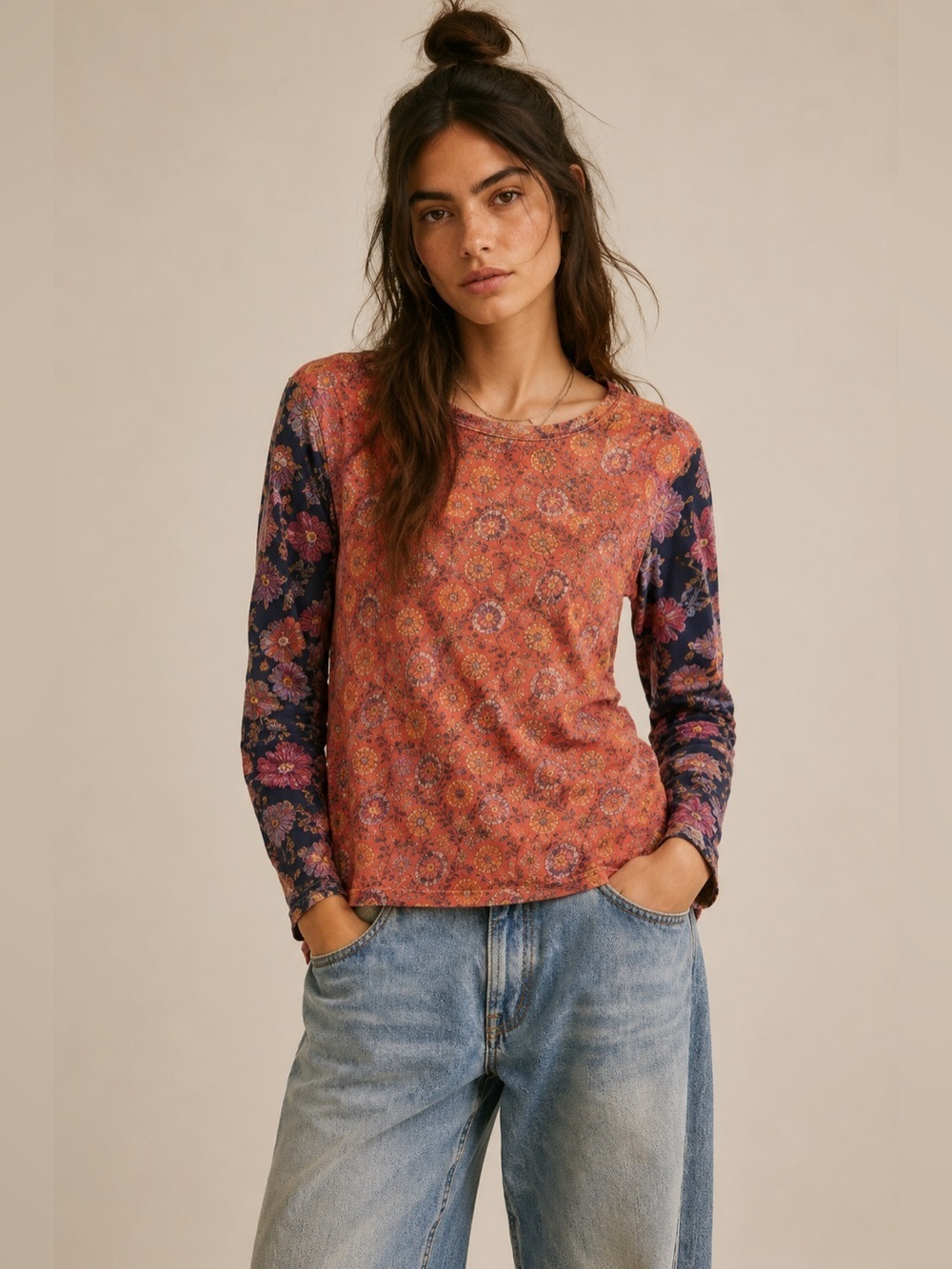 Cino Coral & Navy 3/4 Sleeve Cotton Tee
